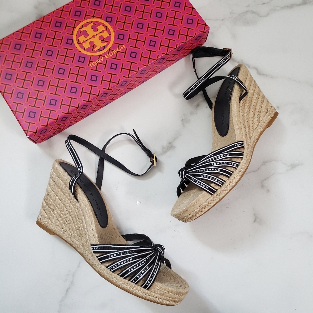 Tory Burch Ribbon Strappy Espadrille Wedge Sandals Pefect Navy Size 8.5